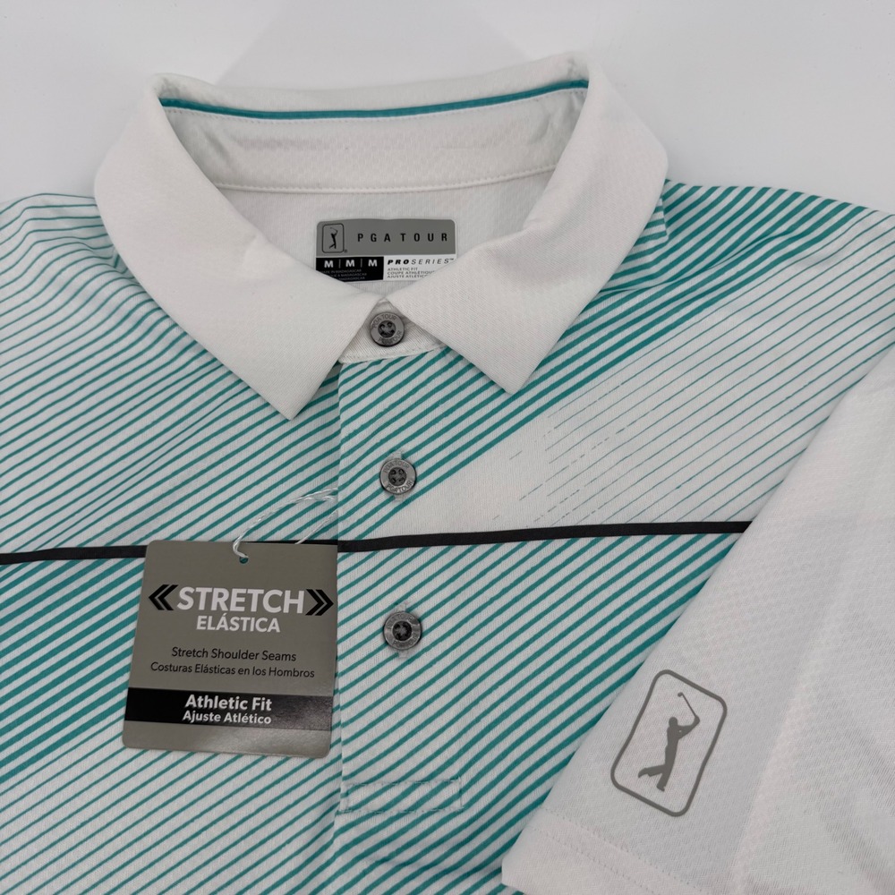 PGA Tour Polo Men Medium White Pro Series Athletic Fit Geometric Stripe UPF 50